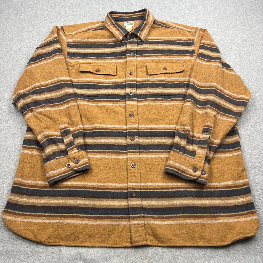 LL Bean Chamois Cloth Shirt Mens XXLT Brown Striped Traditional Button Flannel